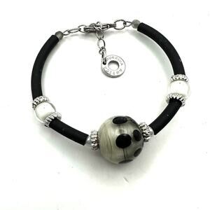 Murrina Antica Single Glass Bead Bracelet Black Cord Gray Silver White Boho